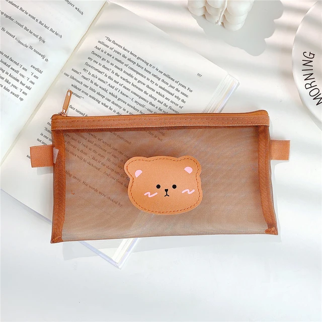Cute Bear Transparent Mesh Pencil Case Ins Portable Toiletry Makeup Pencil Bag Stationery Gift School Pencil Box Crafts Supplies Bear-M