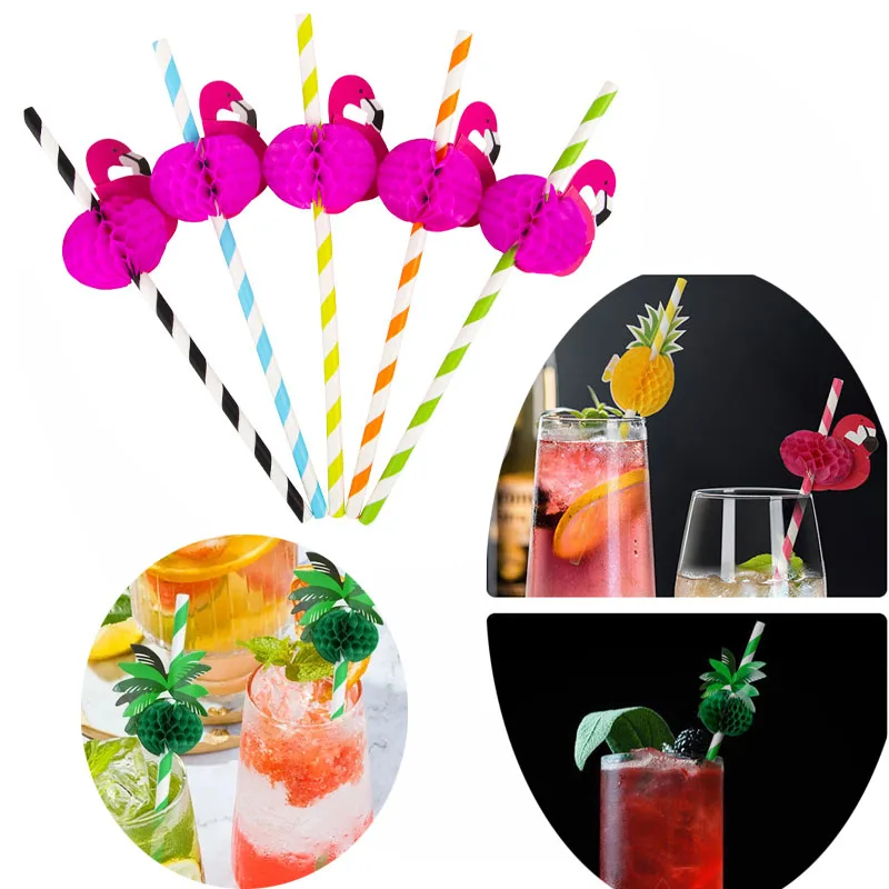 

50Pcs Flamingo Drinking Straws Tropical Pineapple Disposable Degradable Party Cocktails Juice Paper Straws Party Tableware Decor