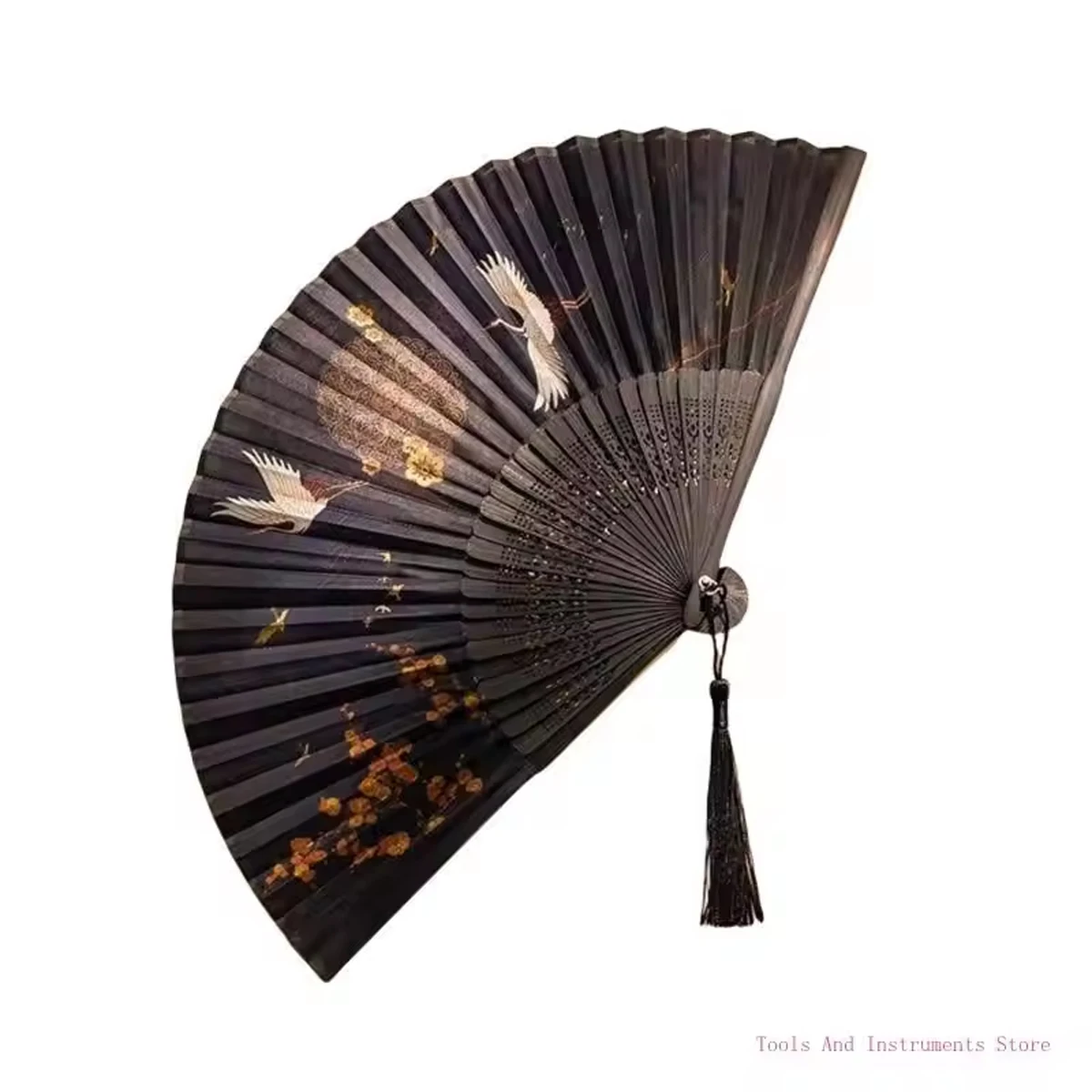 Vintage Styles Chinese Hand Fan Cranes Pattern Ancient Folding Fan with Tassels