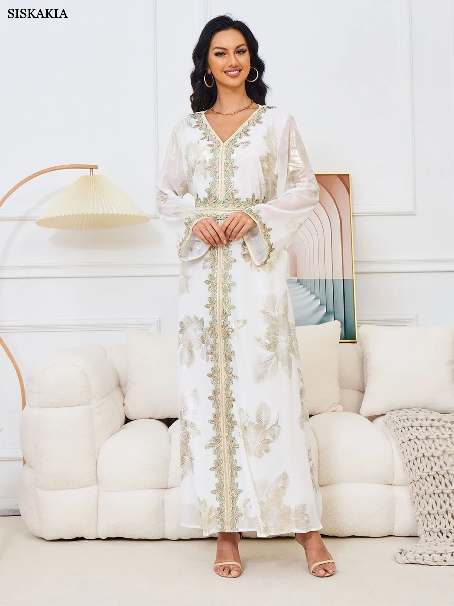 

Siskakia Arab Dubai Fashion White Floral Gold Stamping Lace Tape Long Sleeve V-Neck Belted Evening Dress Turkish African Abaya