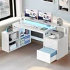 Office Furniture Desk Sets ,65" L Shaped Desk With Power Outlets And Monitor Stand , Computer Desk With LED Light &File Cabinet 1