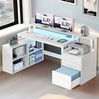 Office Furniture Desk Sets ,65" L Shaped Desk With Power Outlets And Monitor Stand , Computer Desk With LED Light &File Cabinet 1