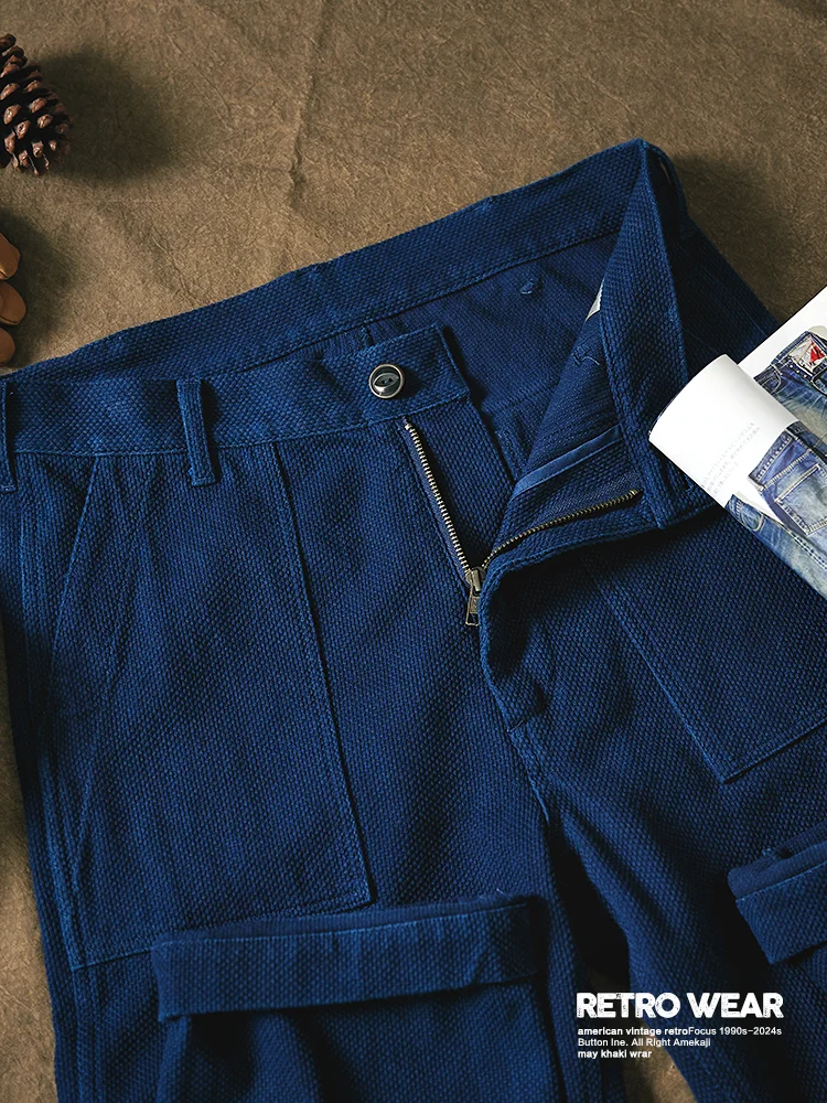 Retro Military Blue Dye Men's Long Pants Heavyweight Indigo RL Workwear Trousers Straight Leg Cotton Casual Pants