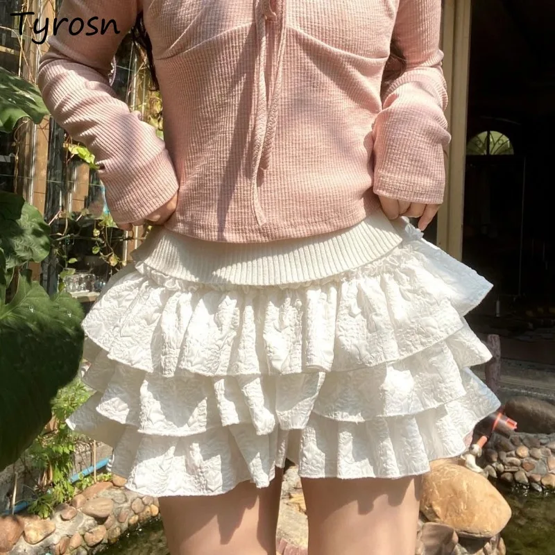 

Mini Skirts Women Kawaii Ball Gown Ruffles Soft Hotsweet High Waist Girlish Tender Y2k Korean Style All-match Faldas Aesthetic