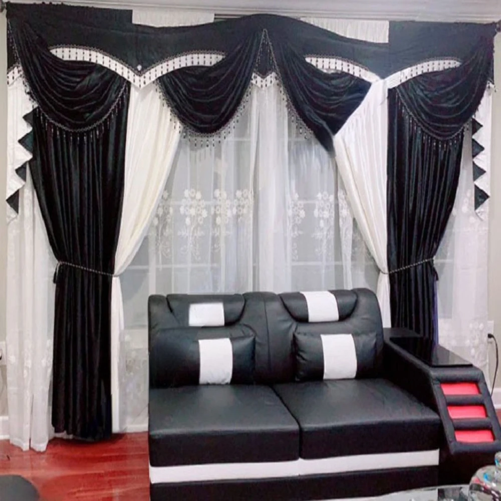 

New French Style Living Room Bedroom Curtains Black and White Curtains Dining Room European Romantic Valance Embroidered Tulle
