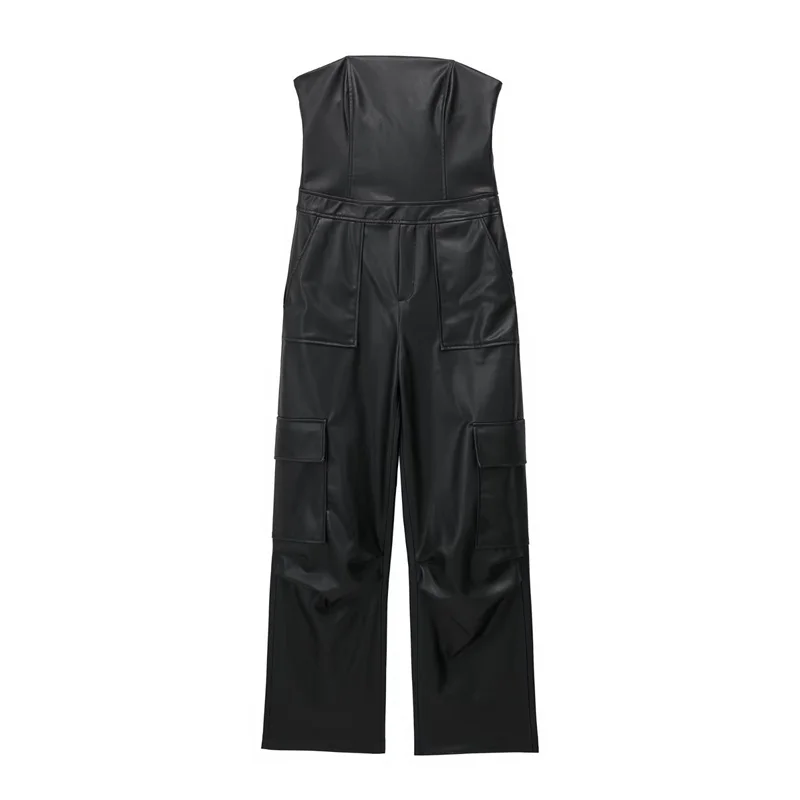 

Woman Fashion Black Slim Strapless Jumpsuit 2023 Girls High Street Solid Leather Jumpsuits Female High Waisted Pu Jumpsuit