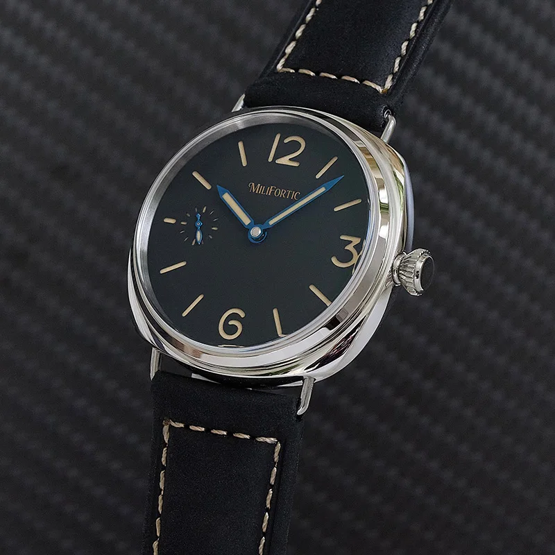 Milifortic Sandwich Mechanical Watch Heat Blue Hands Matte Leather 10Bar 316L Stainless Steel Hand Winding Retro Watches