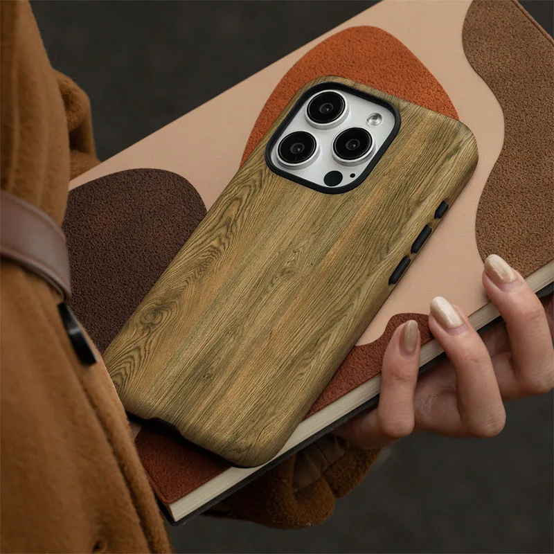 Wood Grain Pattern Shockproof Phone Case with 2-in-1 Film Shell Cover