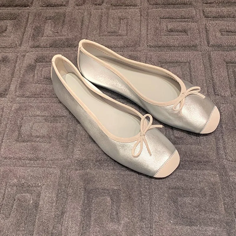 2023 Sweet Bowtie Shoes Woman Silk&Leather Patchwork Ballerinas Ladies Square Pig Nose Toe Mocasines Femmes Silver Flats Ballets 5