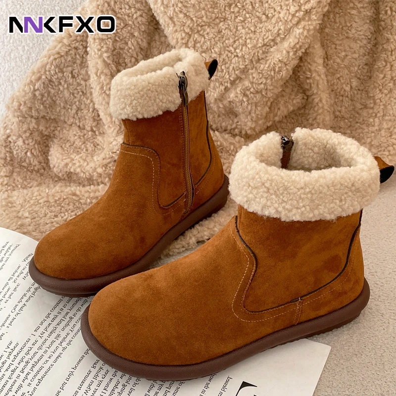 

Women's New Snow Boots Female Autumn Winter Comfortable Warm Boots Round Toe Flat Boots Side Zipper Boots Faux Suede Boots QB281