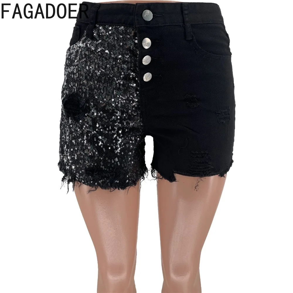 FAGADOER Black Fashion Sequin Design Button Denim Shorts Women High Waisted Skinny Jean Summer Female Solid Color Cowboy Bottoms