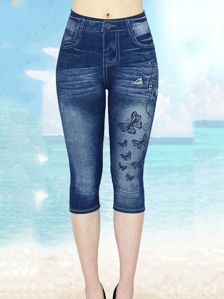 YSDNCHI Blue Faux Jeans Workout Women Push Up Gym Butterfly Printed Leggings Sport Leggin Stretchy Short Pants Hot Sale Capris nike leggings