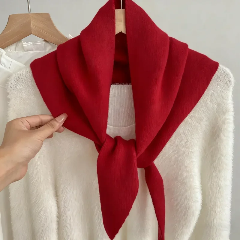 2025 Knitted Scarf Women 100% Pashmina Triangle Scarf Wool Winter Warm Bright Solid Color Thick Shawl Soft Triangle Pashmina