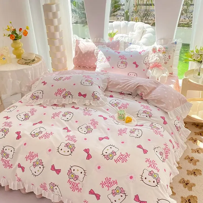 

Sanrio Cartoon Cute Hello Kitty Pure Cotton Four-piece Set High-Looking Girly Children's Room Dormitory Bedding Three-piece Set