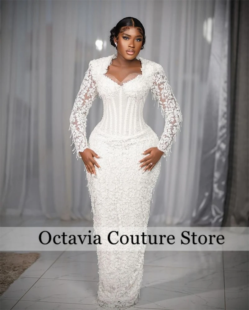 White Lace Aso Ebi Evening Dresses Appliques Wedding Guest Gown 2024 O Neck Full Sleeves Mermaid Formal Gown Customized