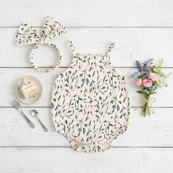 Sweet Baby Girls Bodysuits Summer Infants Flower Onesies Sleeveless with Headband