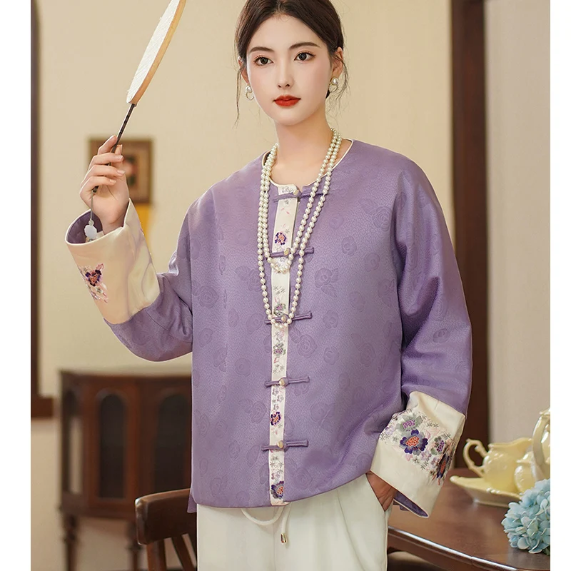 Spring And Autumn New Chinese Style High-End O-Neck Retro Single Breasted Jacket Elegant Purple Jacquard +Embroidery Top S-XXL