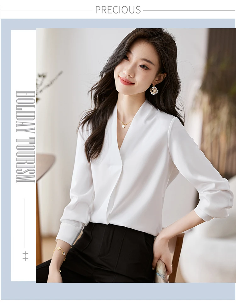 Fashion Office Lady V-Neck White Blouse Shirt Women Tops Blouses