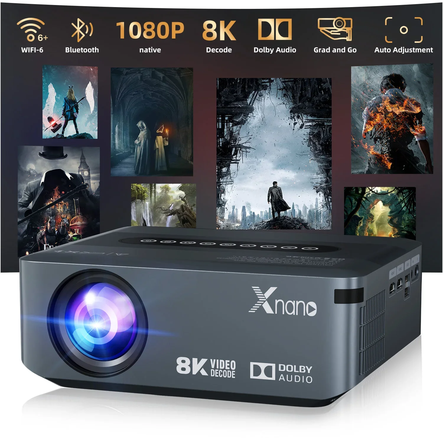 ApexTPXnano 휴대용 프로젝터 돌비 사운드 효과 1080P 자동 초점 보정 듀얼 WIFI BT5.0 야외 홈 시네마 스마트 프로젝터