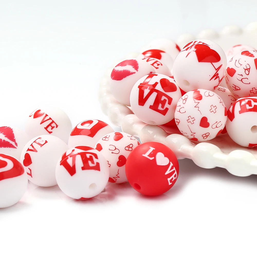 Baby Teether Round 15mm Love Heart Print Silicone Bead DIY Newborn Gift Pacifier Necklace Chain 10pcs teething toys silicone teething toys baby teething toys silicone beads silicone teether silicone teething beads