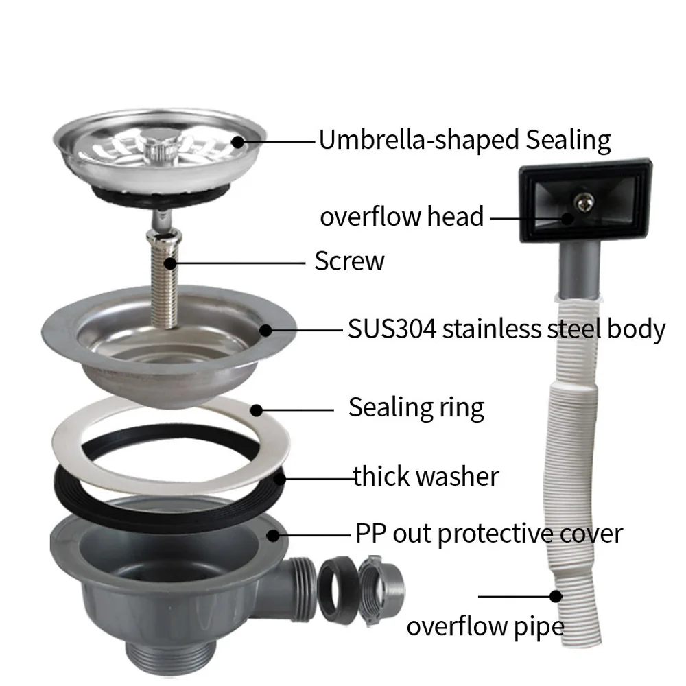 Talea Stainless Steel Kitchen Sink Drain Strainer Bowl Type PP Material Shell Drainer With Overflow Pipe XK225C040