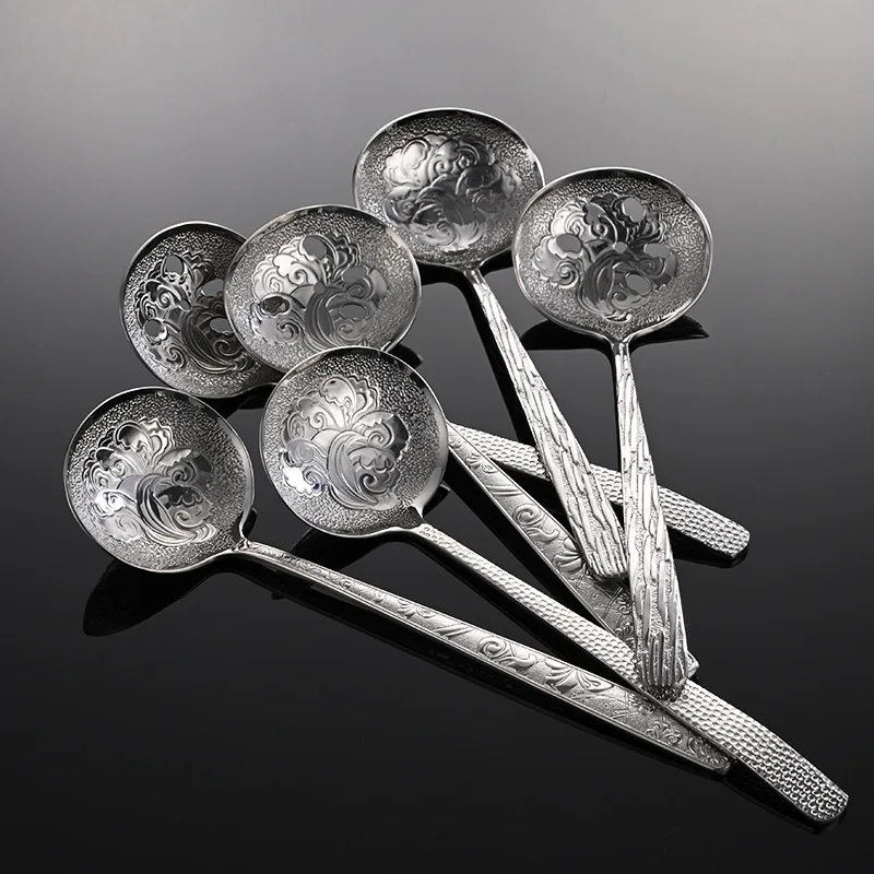 French Embossed 304 Stainless Steel Soup Spoon Kitchen Colander Retro Vines Ladles Oil Mesh Skimmer Tableware Kitchen Utensils