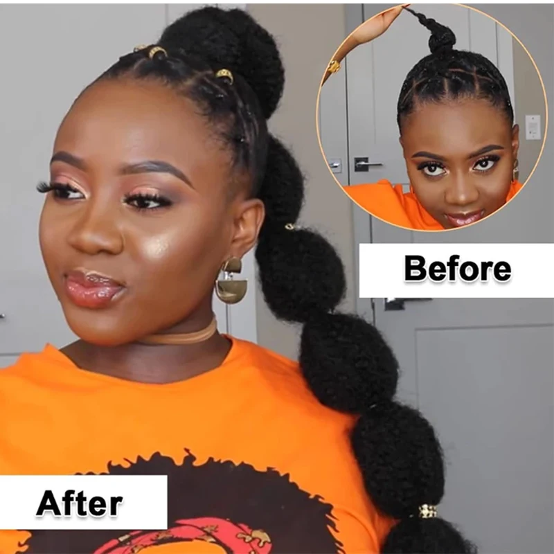 Synthetic Long Afro Puff Yaki Straight Lantern Braid Bubble Ponytails Extension Drawstring Clip In Hairpiece For Black Women