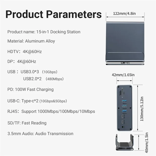 15 in 1 USB-C Docking Station 4K HD Vertical Hub with Triple Monitor ,RJ45 1000M,USB 3.0/2.0,PD 3.0,SD/TF,Audio 3.5 for Mac Pro 6