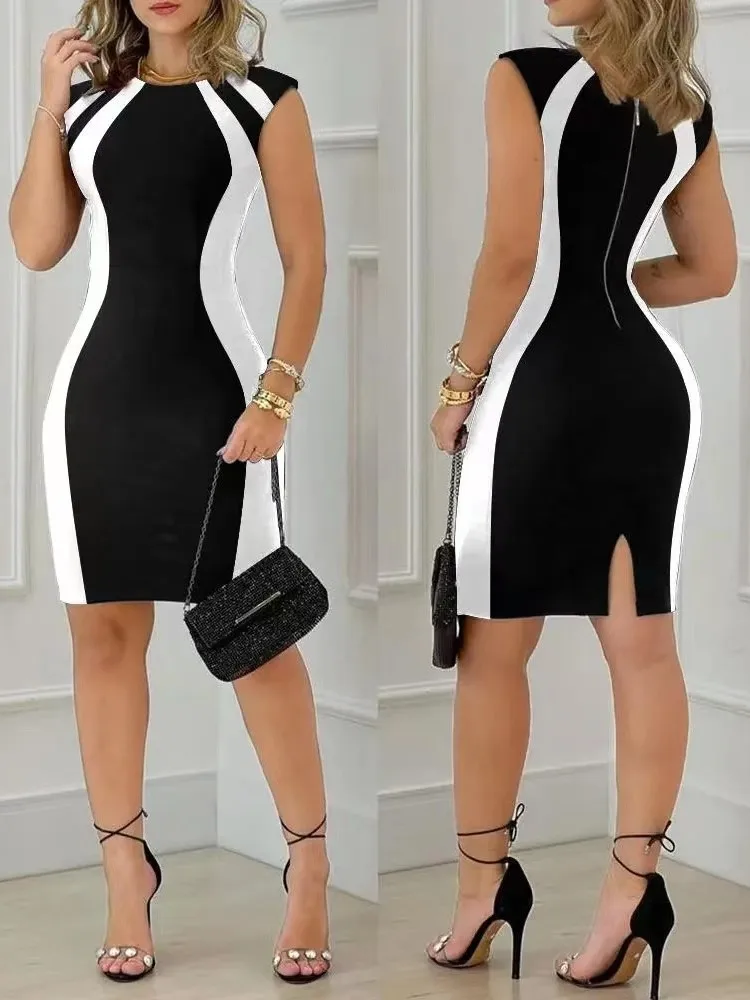 

Sexy Slim Women Mini Dress 2023 Summer O-Neck Sleeveless Hip Package Short Dresses Office Lady Contrast Stitching Bodycon Dress