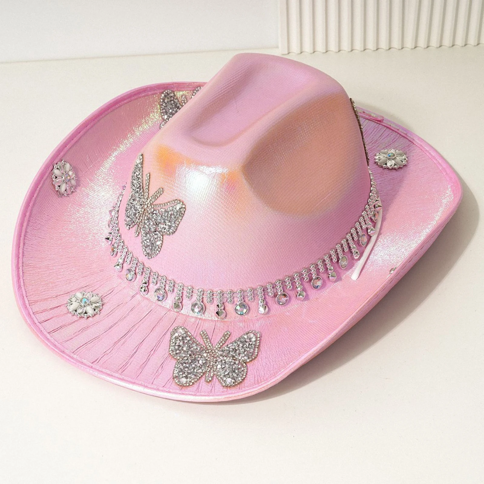 Rhinestone Butterfly Cowgirl Hat for Women Wide Brim Diamond Glitter Western Hat Cap for Wedding Music Costume Party