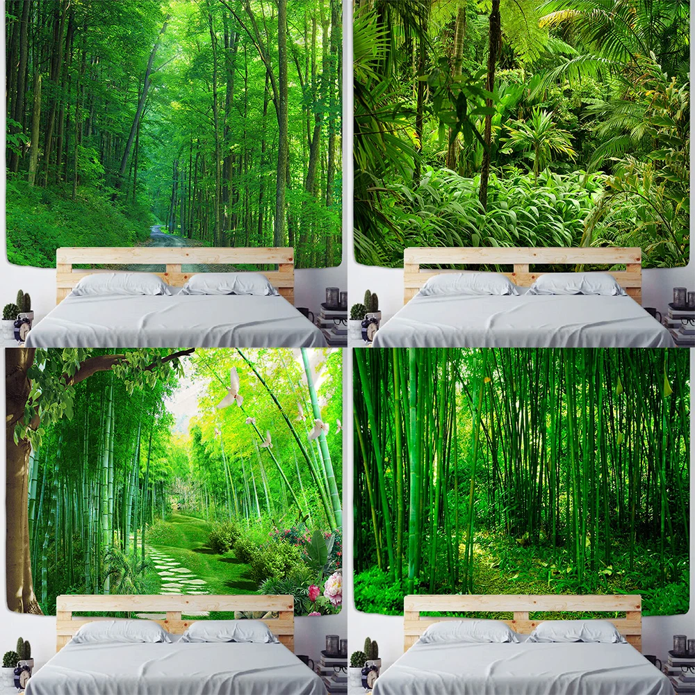 Домашний декор, зеленый бамбуковый лес, натуральный гобелен, деревянное зерно, настенный подвесной гобелен для гостиной, декоративный настенный гобелен с принтом дерева