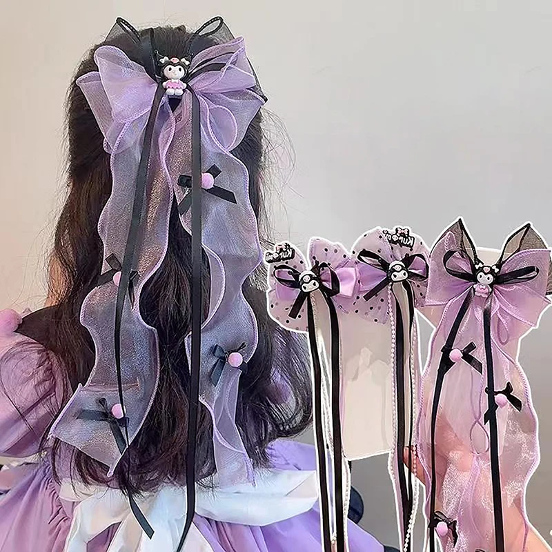 

Повязка на голову Sanrios Kuromi ручной работы черные фиолетовые уши Kc Лолита аксессуары для волос тростник девочка мультфильм Jk лук шпилька головной убор