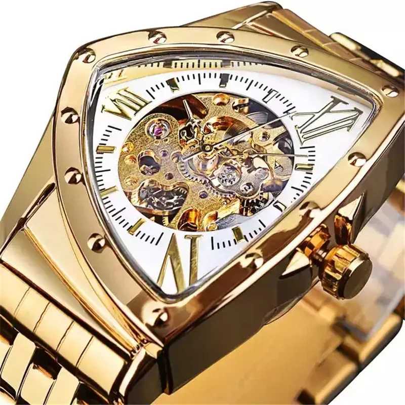FORSINING Men Skeleton Automatic Mechanical Gold Vintage Watch Triangle Wristwatch for men