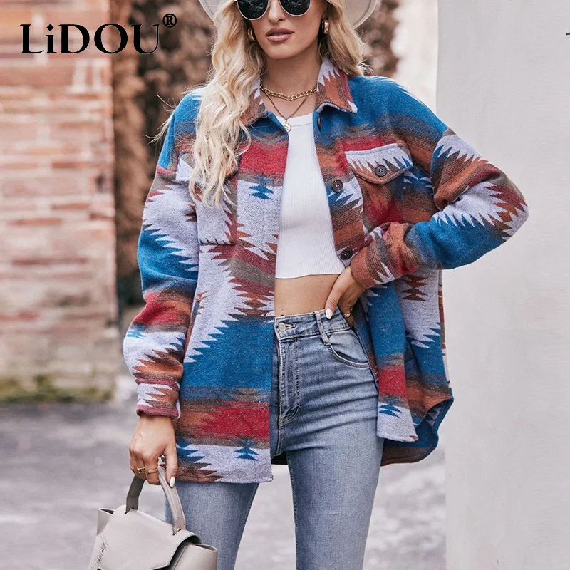 Autumn Winter Vintage Geometric Printed Streetwear Thick Shirt Women Long Sleeve Buttons Sanding Cardigan Top Female Blouse Coat coats aztec geometric slit button pocket coat in multicolor size 2xl 3xl l xl