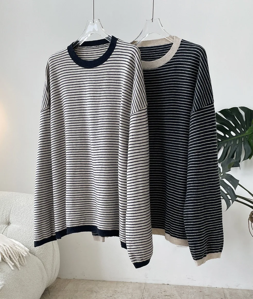 

Осенне-зимний Повседневный Ретро свитер в полоску с круглым вырезом вязаный кашемировый пуловер Свободный Топ для женщин