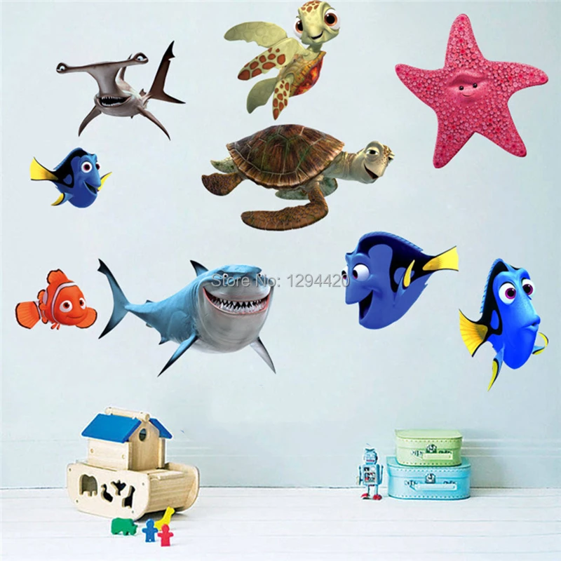 Wall Stickers Bathroom Tile Stickers Sea Star Nemo Fish Turtle Shark 3D Vinyl Wall Decals Home Decoration for Kids Rooms Suitcase Anime Poster