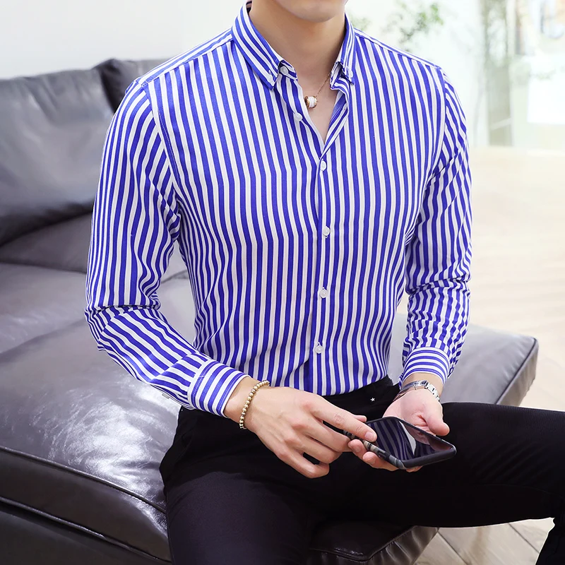 ★★ ★★ Asian Slim fit classic striped shirt Men Business Casual Shirt Classic Striped Social Dress Slim