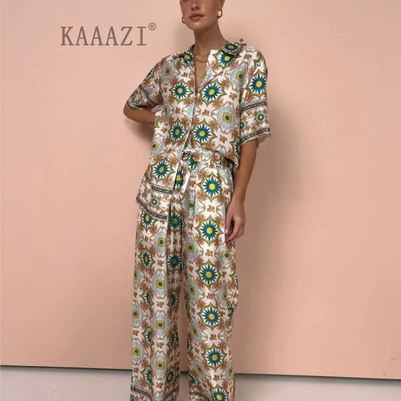 

KAAAZI Vintage Print Short Sleeve Turn-down Collar Shirt Women Casual New Blouse And Long Pants Two Piece Set Elegant Trend Top