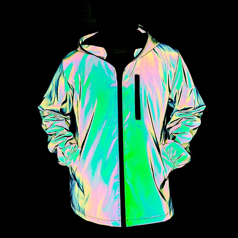 Nacht Farbige Reflektierende Jacke Männer Outdoor Radfahren Jogging Winddicht Mit Kapuze Mäntel Hip-hop Rock Streetwear Sicherheit Paar Kleidung – Detail 5