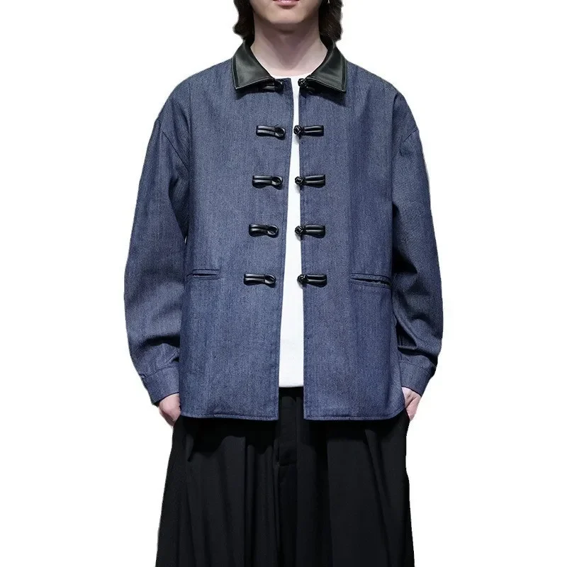 Autumn Winter Men's Denim Jacket Button up Collar Retro Chinese Style Coat Casual Western Suit for Men Origin China