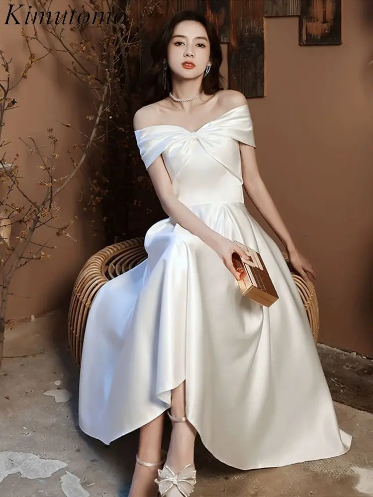 

Kimutomo обручальное платье с вырезом лодочкой и бантом женское белое вечернее платье во французском стиле знаменитостей простой дизайн свадебные платья