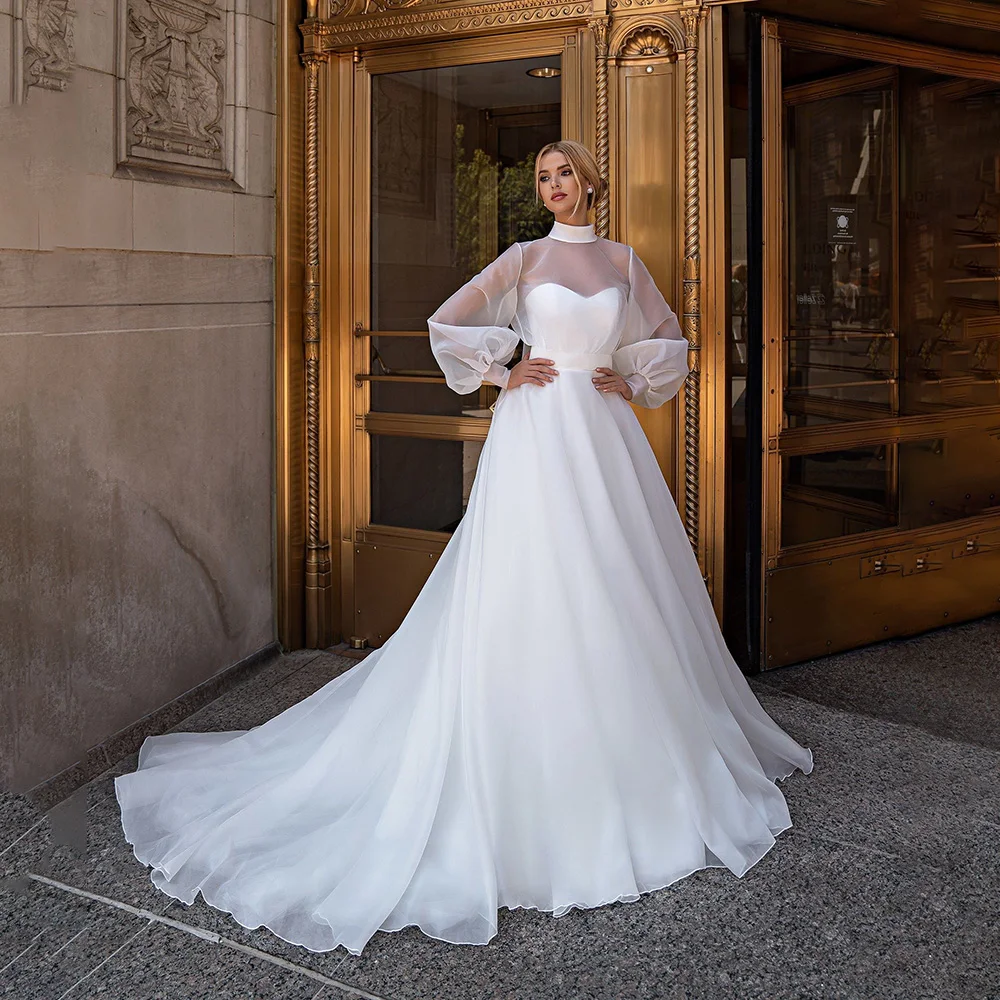 Classic-High-Neck-Organza-Long-Puff-Sleeve-Wedding-Dress-for-Women-A ...