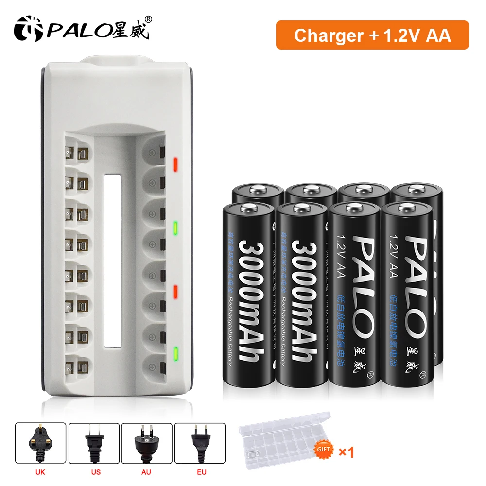 

PALO AA Battery Rechargeable 1.2V 3000mAh 2A Ni-MH Batteries with 8-slots LCD Smart AA AAA Battery Charger