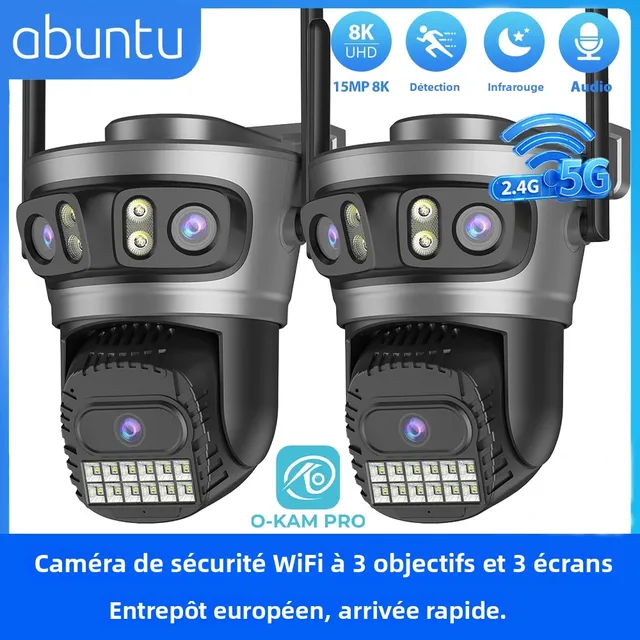 2 caméras de sécurité WiFi PTZ 15MP 8K 2.4G/5G à trois objectifs et trois écrans, caméra de surveillance extérieure avec détection humaine, application O-KAM PRO 1