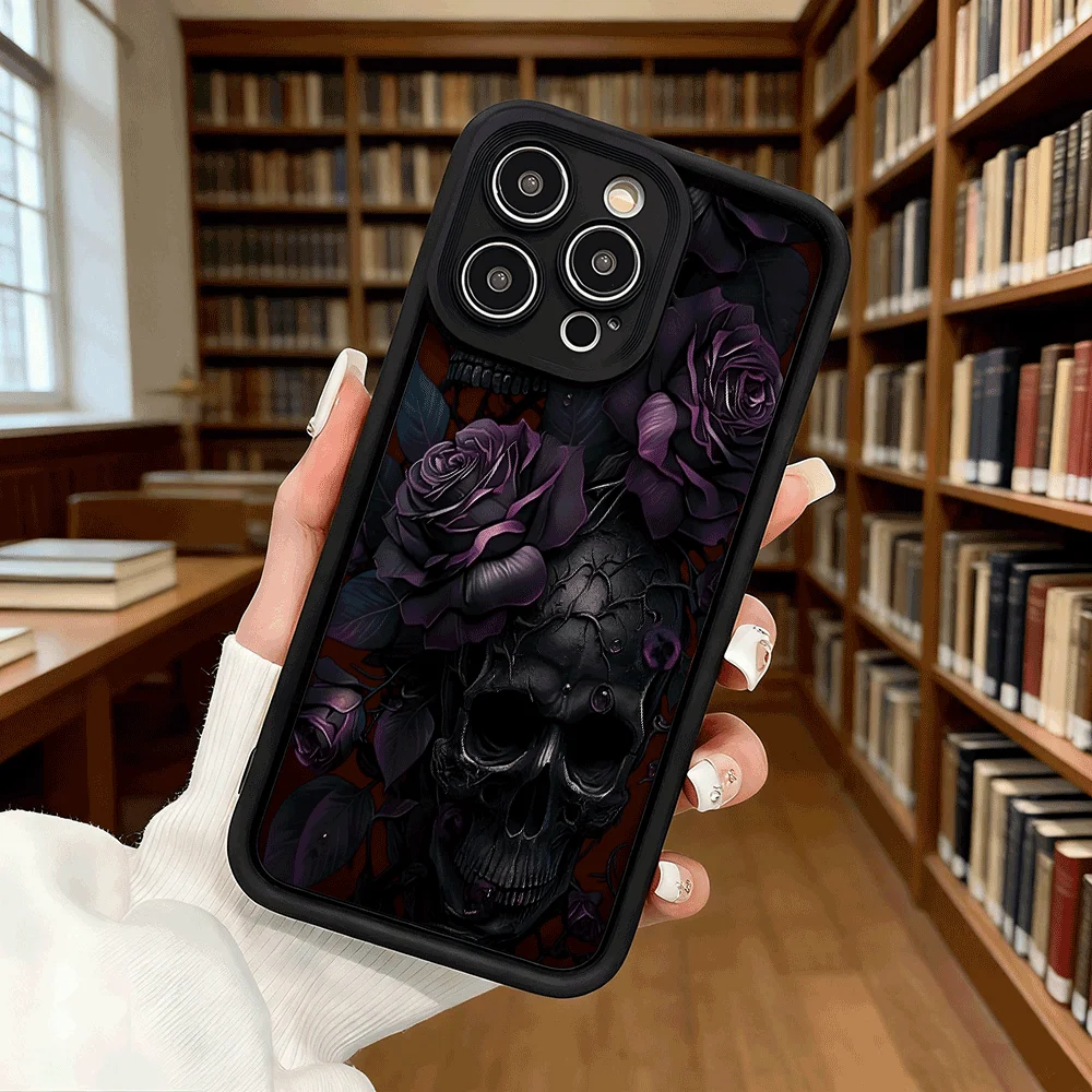 Black Skull & Purple Roses Soft TPU Shockproof Anti-Fall Protective Case