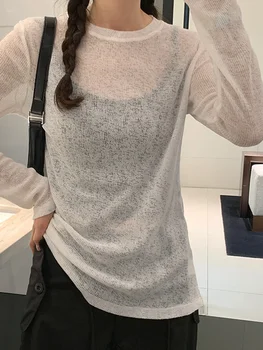 AOSSVIAO المرأة الأبيض كم طويل تي شيرت الربيع الصيف الأساسية فضفاضة تناسب موضة مثير انظر من خلال عادية المحملة فام رقيقة 2025 4