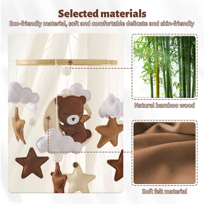 Wooden Soft Brown Bear Bed Bell Toy For Newborns Aged 0-12 Months Baby Room Mobile Hanging Decoration Accessories Baby Toy Gift 5