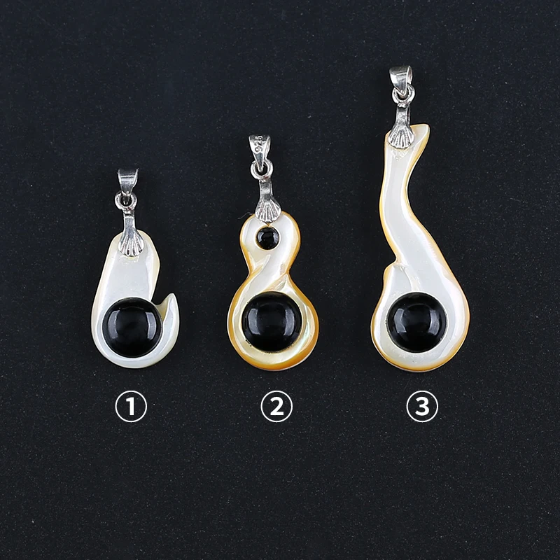 1Pcs Natural Gemstone Shell And Obsidian Pendant Bead,925 Sterling Silver Necklace Accessories,34x14x8mm,3.7g