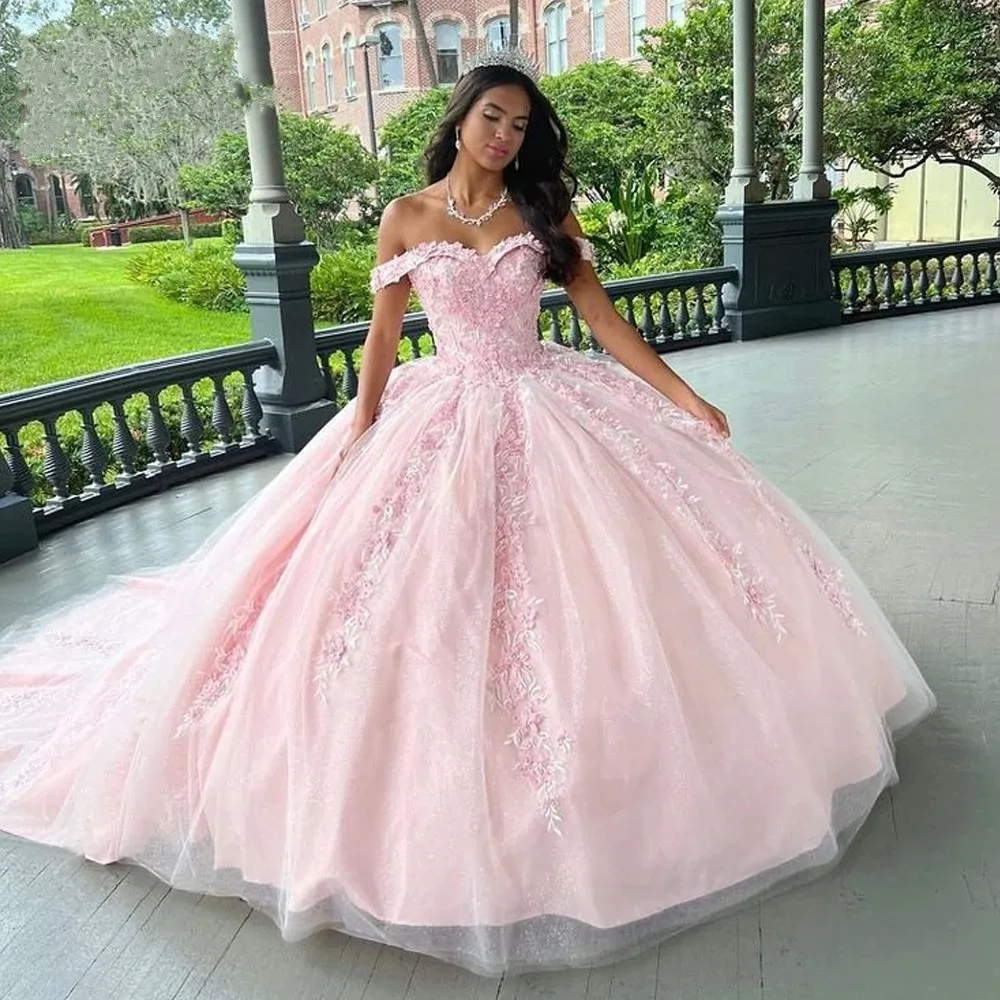 

ANGELSBRIDEP Pink Appliques Quinceanera Dresses Ball Gown Court Train 15 Years Birthday Evening Parrty Princess Gowns Corset