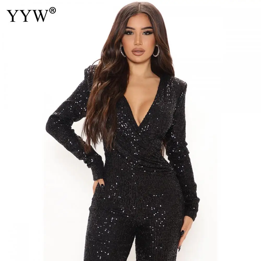 Sequin Jumpsuit Women Sexy Deep V-neck One Piece Bodysuit Jumpsuits For Women 2022 Elegant Night Party Outfits Overalls Body